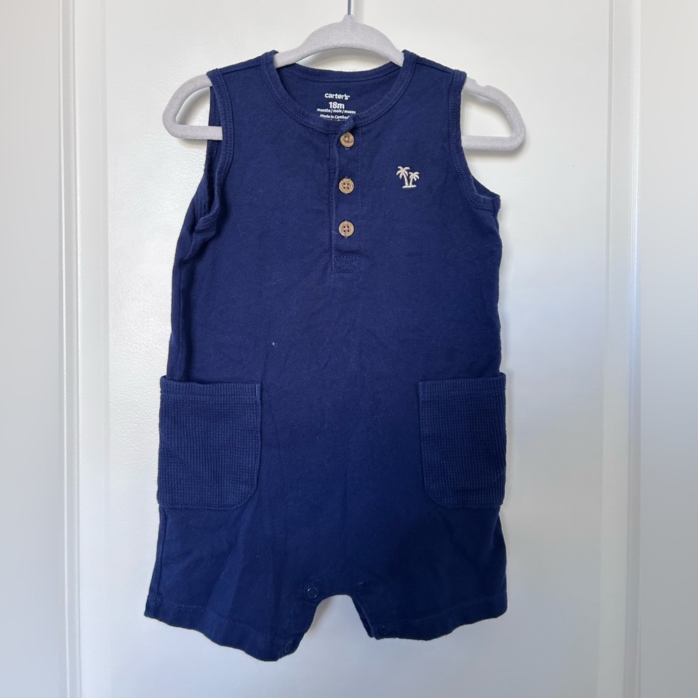 Carter's Dark Blue Sleeveless Romper with Palm Tree